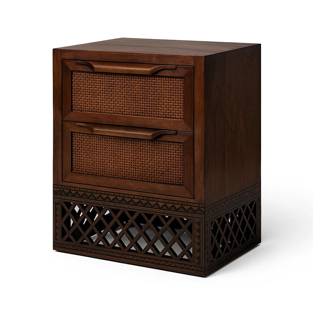 Comodino in Legno e Rattan Intrecciato Marrone