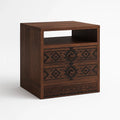 Comodino in Legno Massello Marrone con Cassetti Decorati Geometricamente