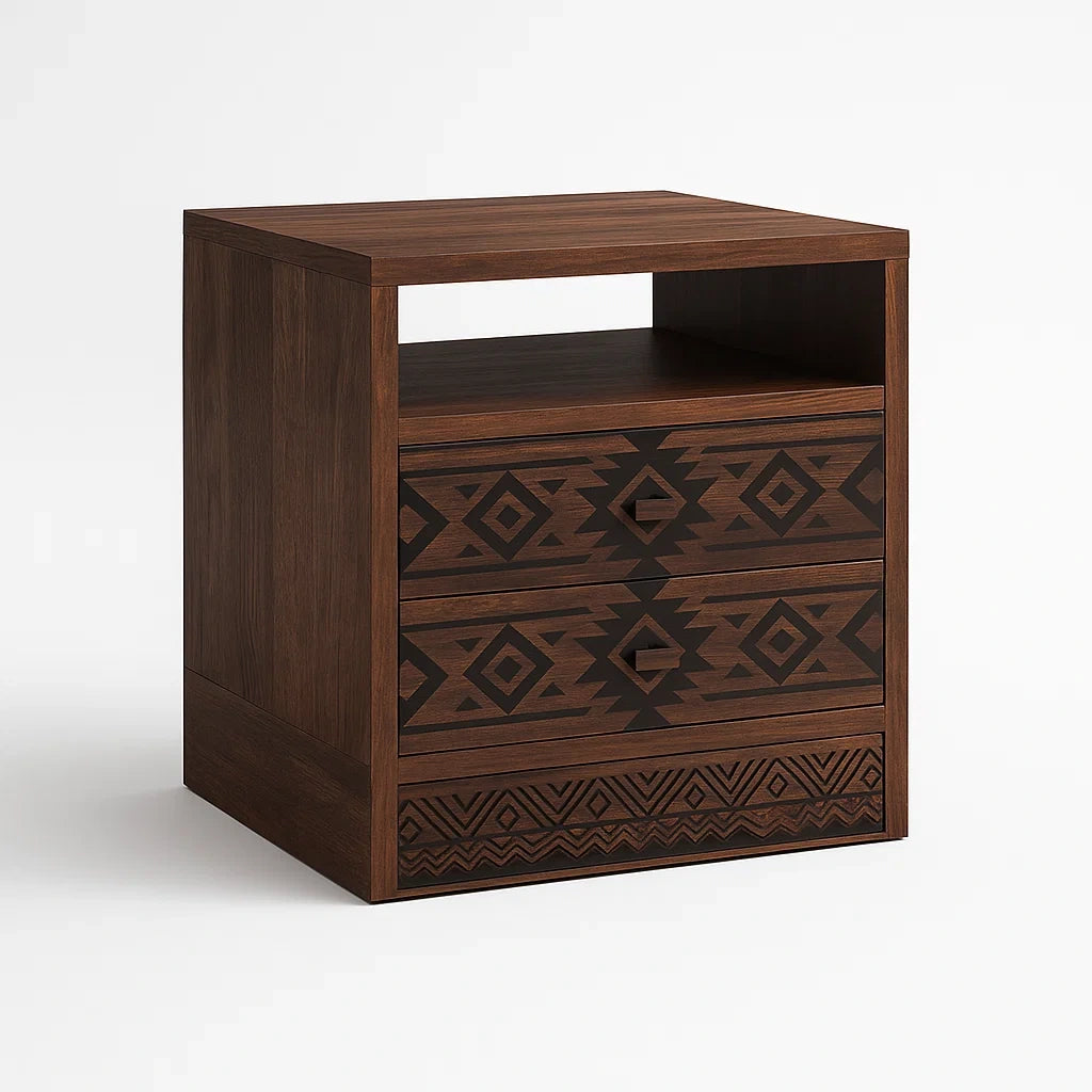 Comodino in Legno Massello Marrone con Cassetti Decorati Geometricamente