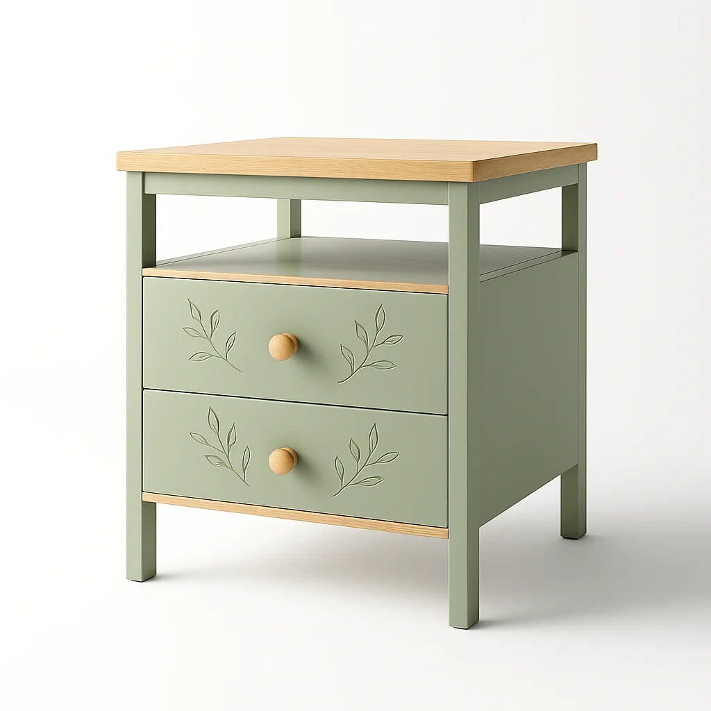 Comodino in Legno MDF Verde Chiaro con Due Cassetti
