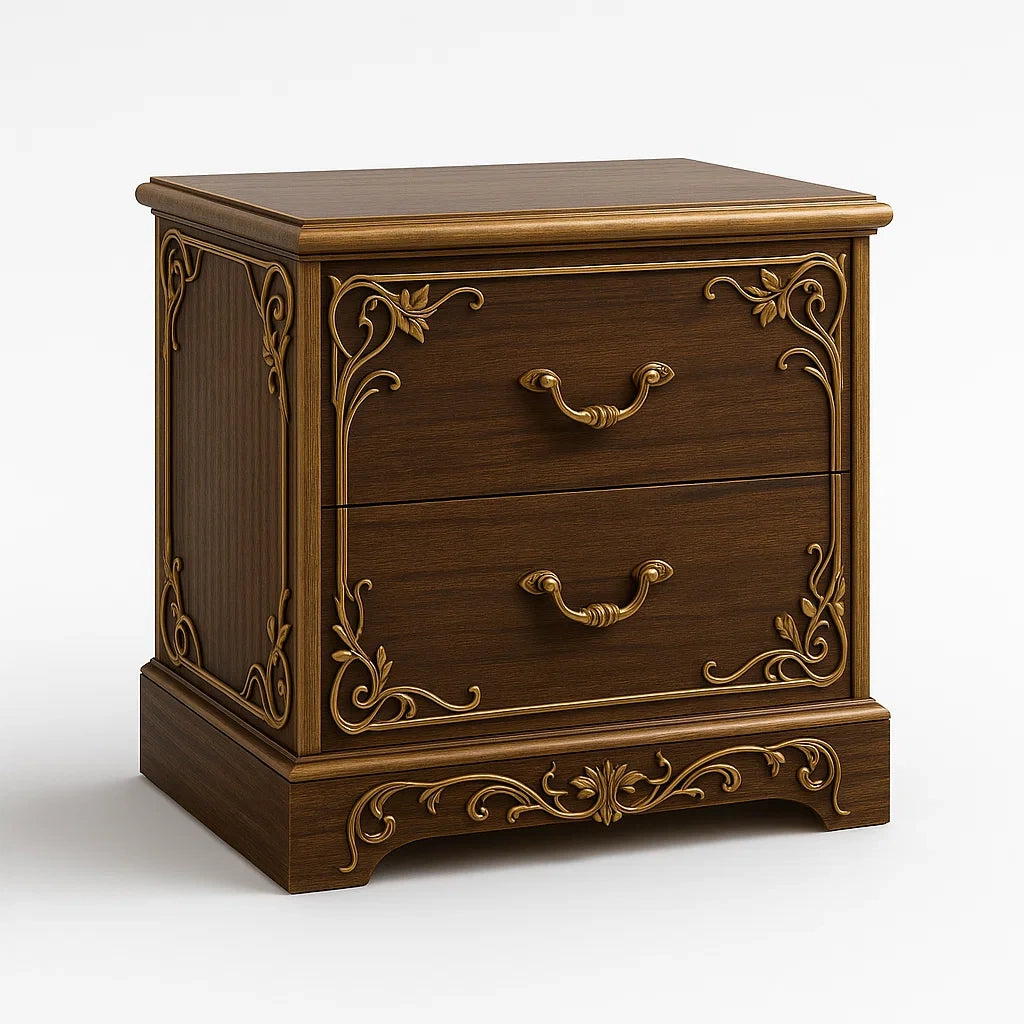 Comodino in Legno Decorato con Due Cassetti