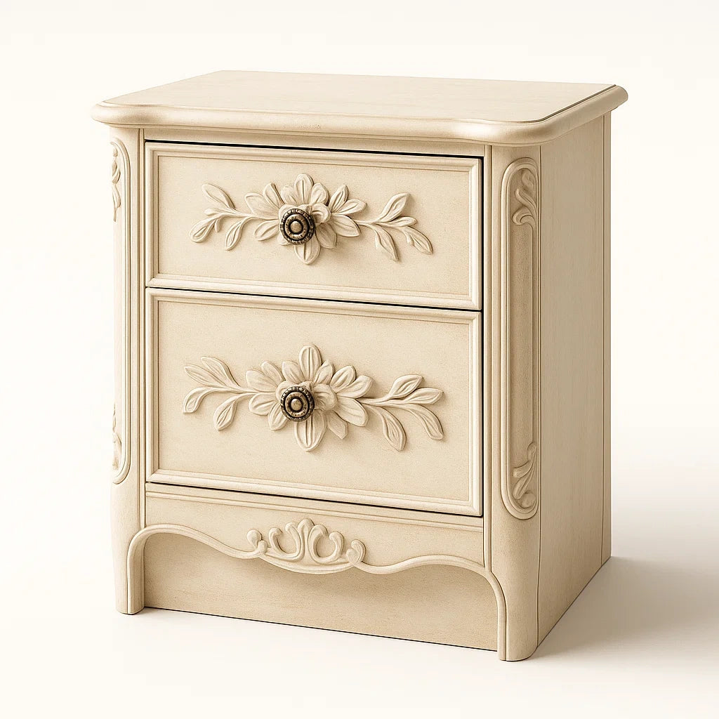 Comodino in Legno con Decorazioni Floreali Crema