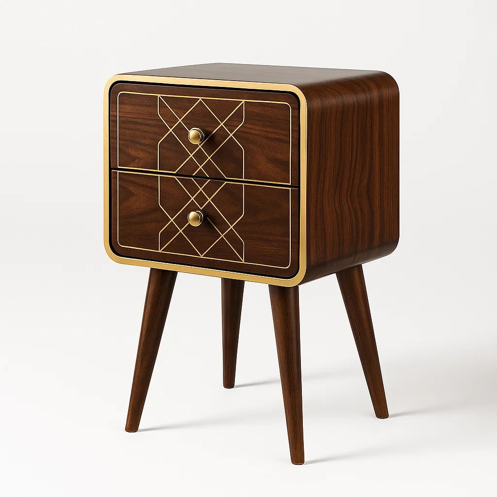 Comodino in Legno con Decorazioni in Ottone