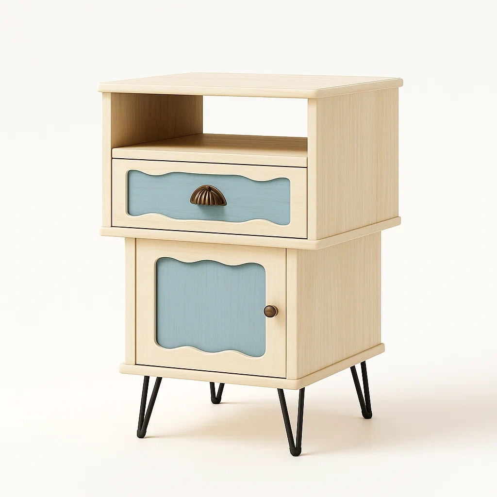 Comodino in legno con cassetto e anta in MDF, Beige e Blu, 60x40x30 cm