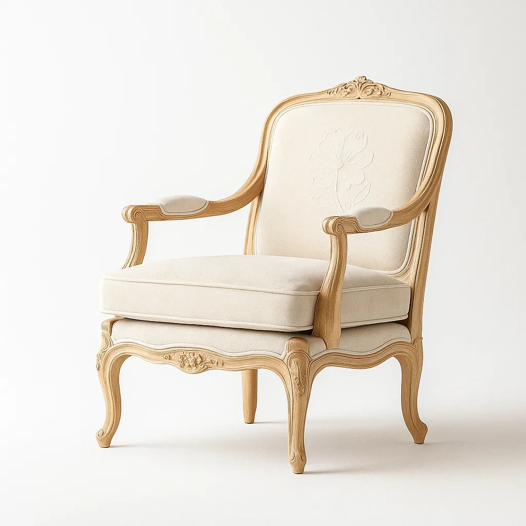 Poltrona in Legno con Rivestimento in Cotone Beige