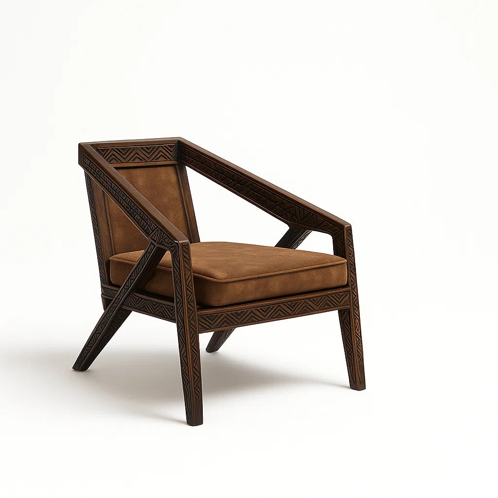 Poltrona in Legno con Cuscino Scamosciato Marrone