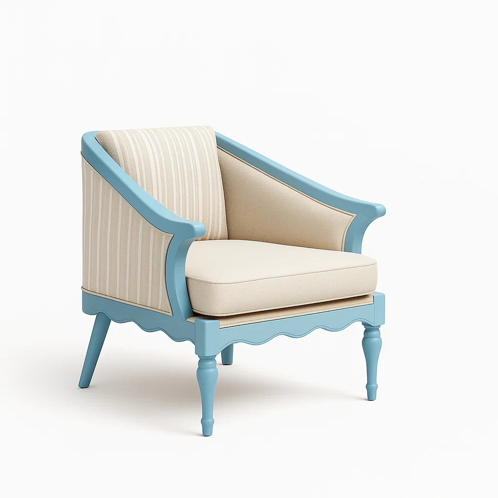 Poltrona in Legno Verniciato Blu con Tessuto Beige