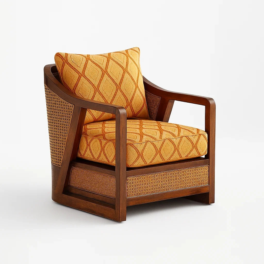 Poltrona in Legno con Rivestimento in Tessuto Jacquard Arancione