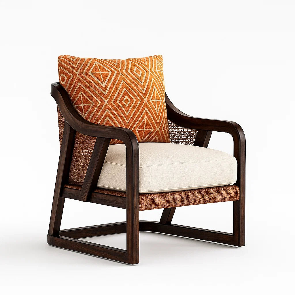 Poltrona in Legno e Tessuto Beige e Arancione