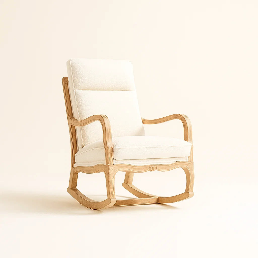 Sedia a dondolo in legno con rivestimento in tessuto bianco