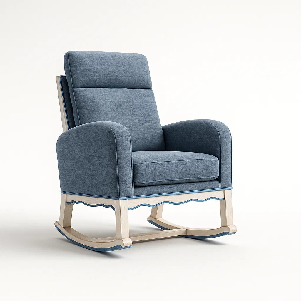 Poltrona a Dondolo in Tessuto Blu con Struttura in Legno