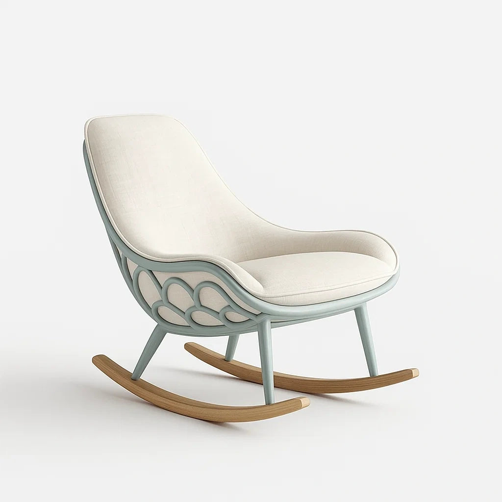 Sedia a dondolo in legno e tessuto lino Bianco crema/Azzurro chiaro