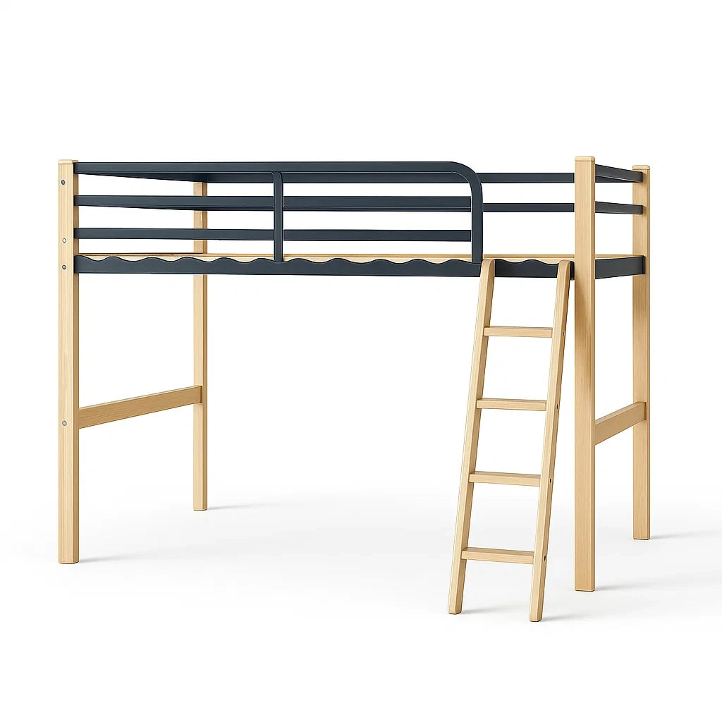 Letto a Soppalco in Legno di Pino e Metallo Verniciato con Scaletta