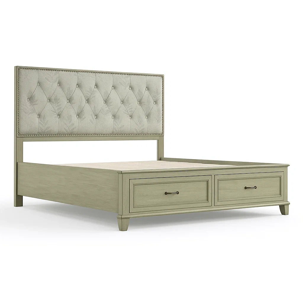 Letto matrimoniale con testiera in tessuto e cassetti in legno Verde Oliva 200x160 cm