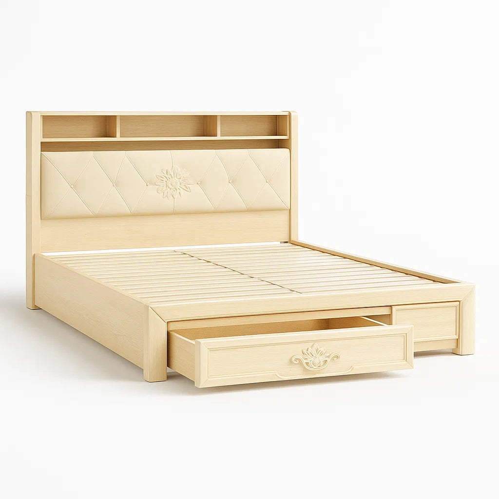 Letto Matrimoniale in Legno con Testiera in Similpelle e Cassetti