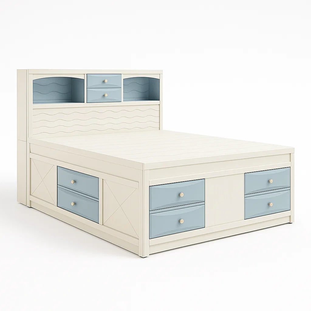 Letto Matrimoniale in Legno con Cassetti Bianco/Azzurro 200x160 cm