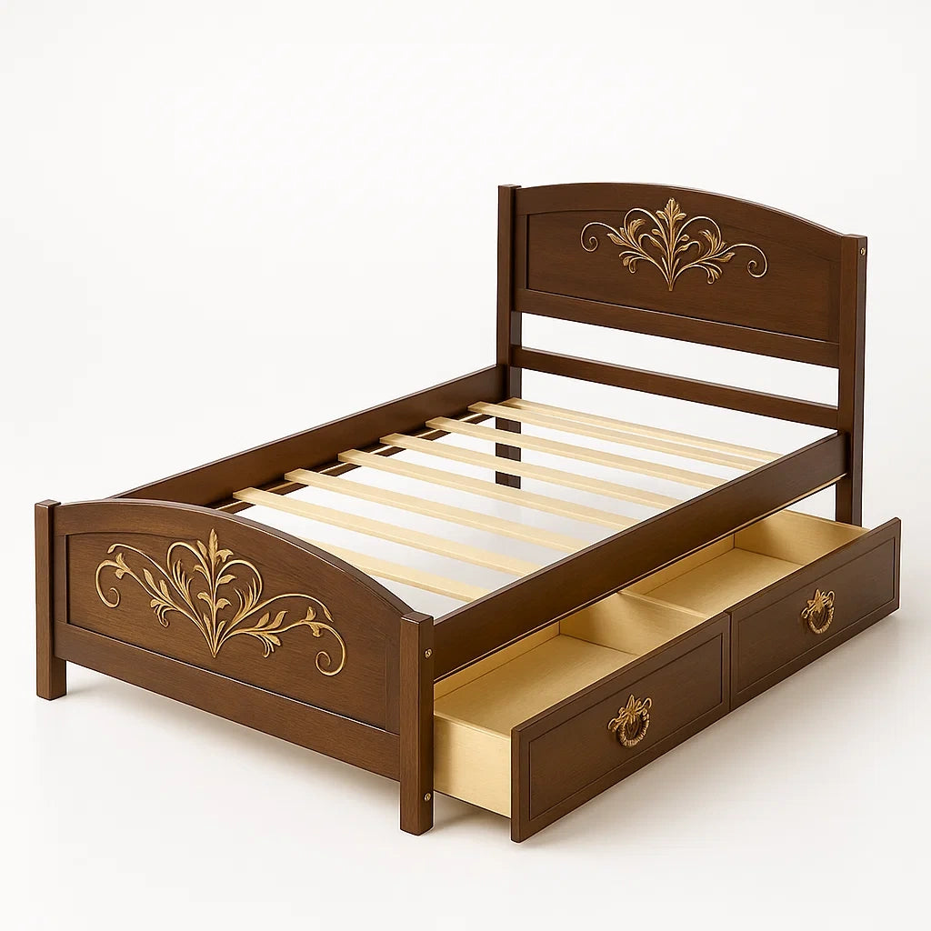 Letto singolo in legno con cassetti e decorazioni intagliate