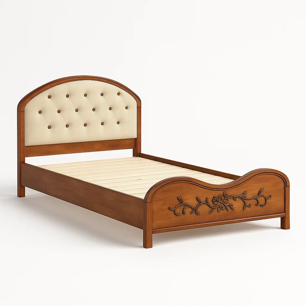 Letto singolo in legno massello con testiera imbottita crema