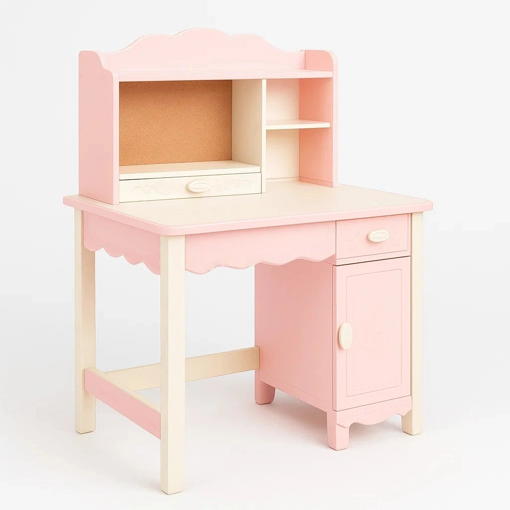 Scrivania per Bambini in Legno MDF Rosa con Ripiani e Armadietto