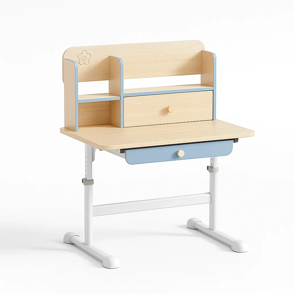 Scrivania per bambini in legno e metallo con scaffali e cassetto