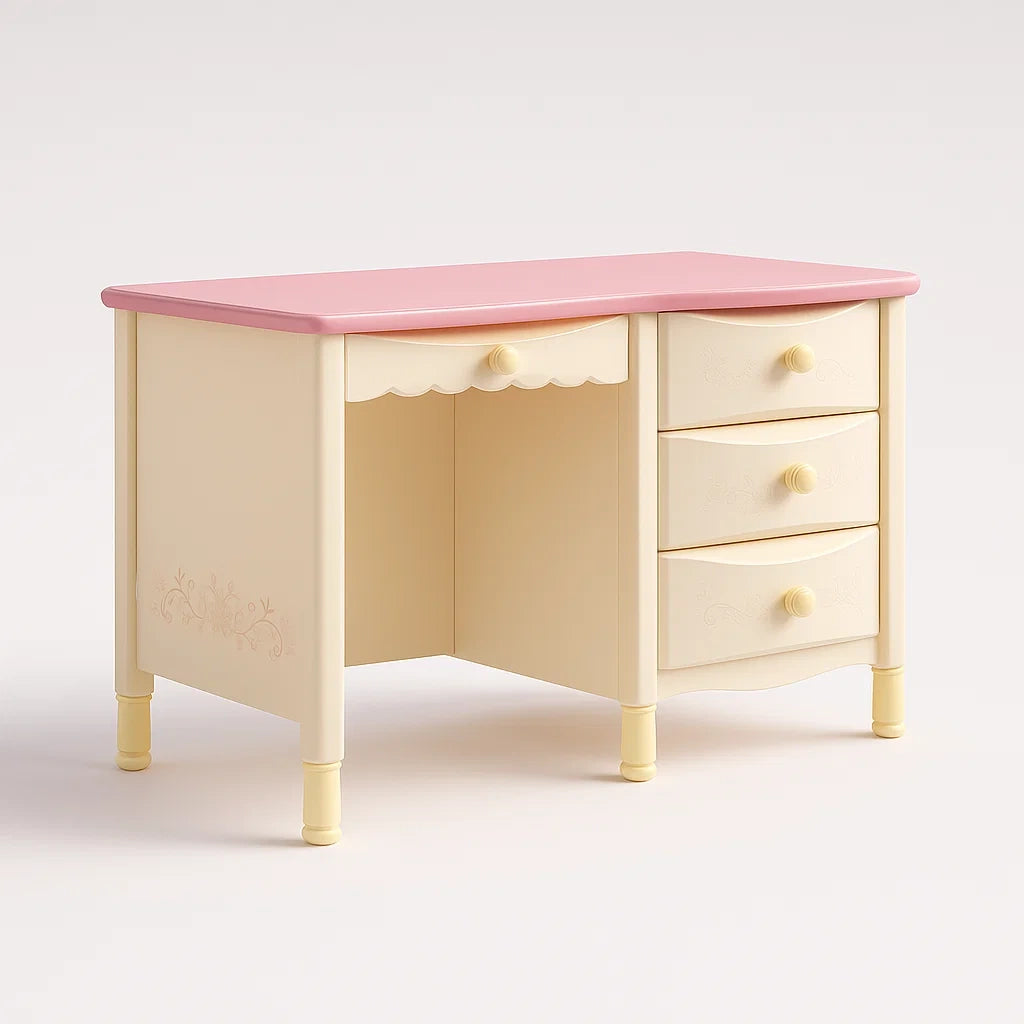 Scrivania in Legno MDF Crema con Piano Rosa e Cassetti