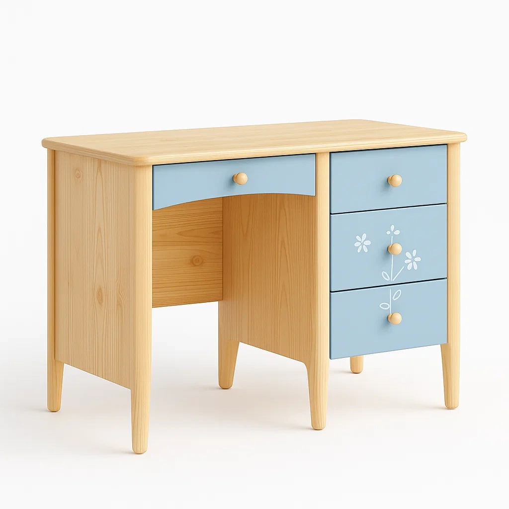 Scrivania in Legno di Pino con Cassetti Blu