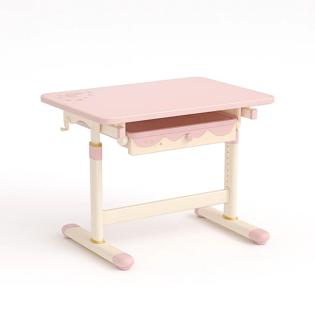 Scrivania regolabile per bambini in legno e acciaio rosa con cassetto