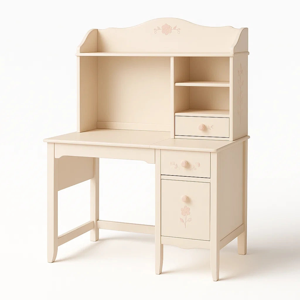 Scrivania per Bambini in Legno MDF Crema con Cassetti e Armadietto