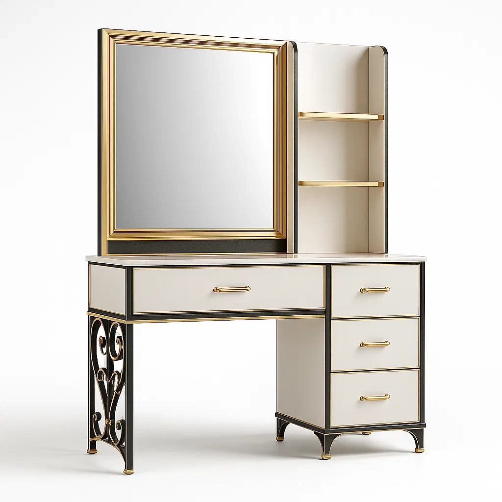Tavolo da Toeletta con Specchio e Ripiani in MDF e Metallo Bianco Oro
