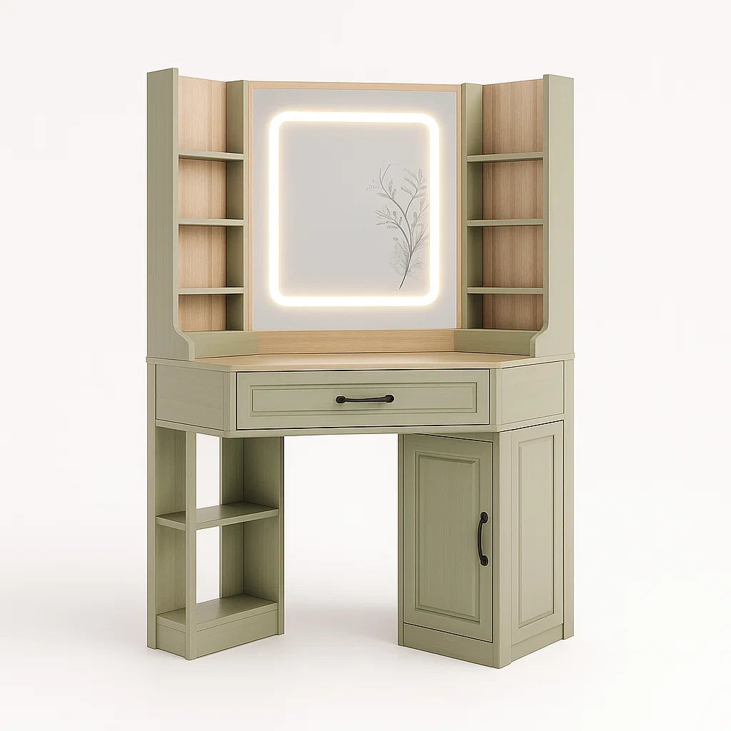 Scrivania da Toeletta con Specchio LED e Mensole in Legno Composito Verde