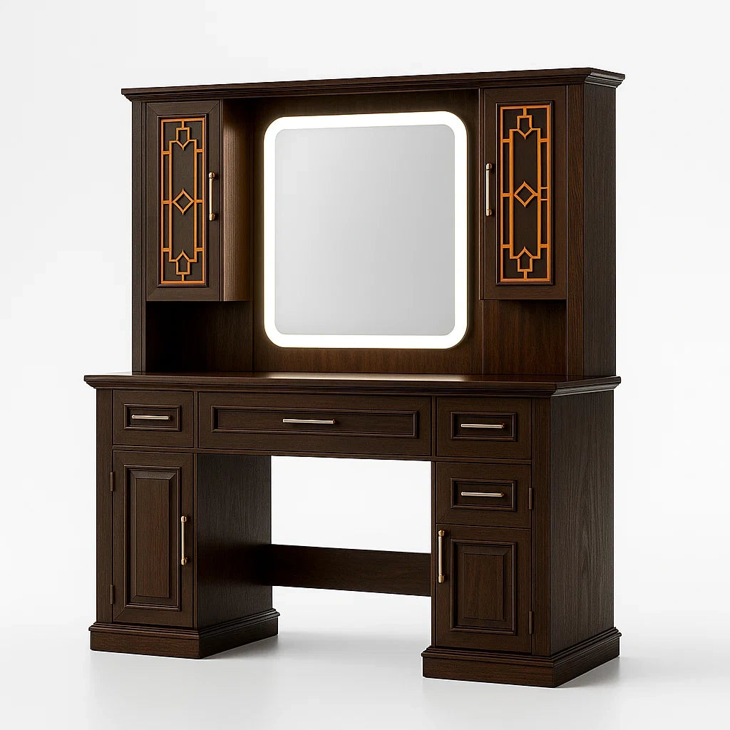 Tavolo da toeletta in legno con specchio e LED