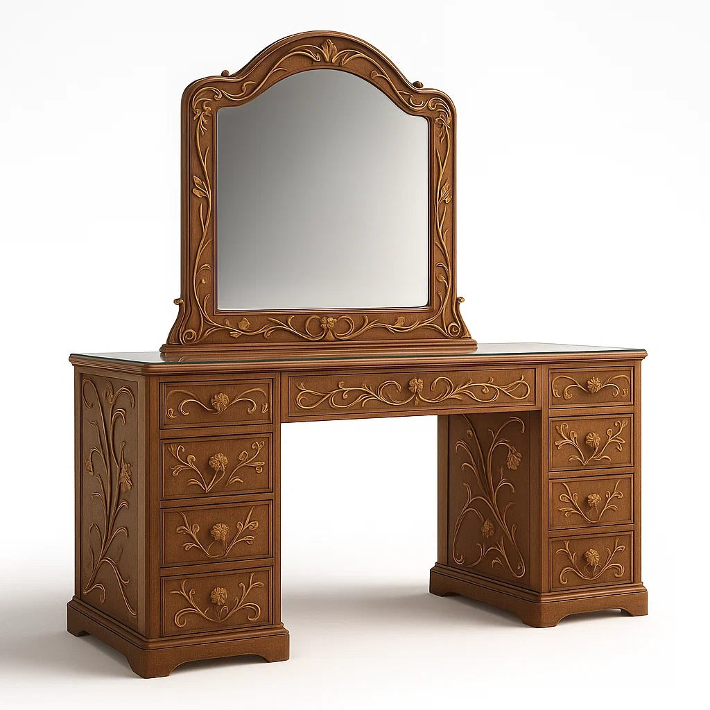 Toeletta in Legno con Specchio Decorativo e 9 Cassetti