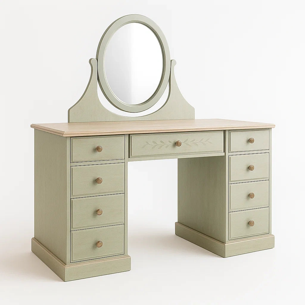 Tavolo da toeletta in legno MDF con specchio ovale e cassetti Verde