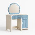 Tavolo da Trucco in Legno e MDF con Specchio Rotondo Blu e Beige