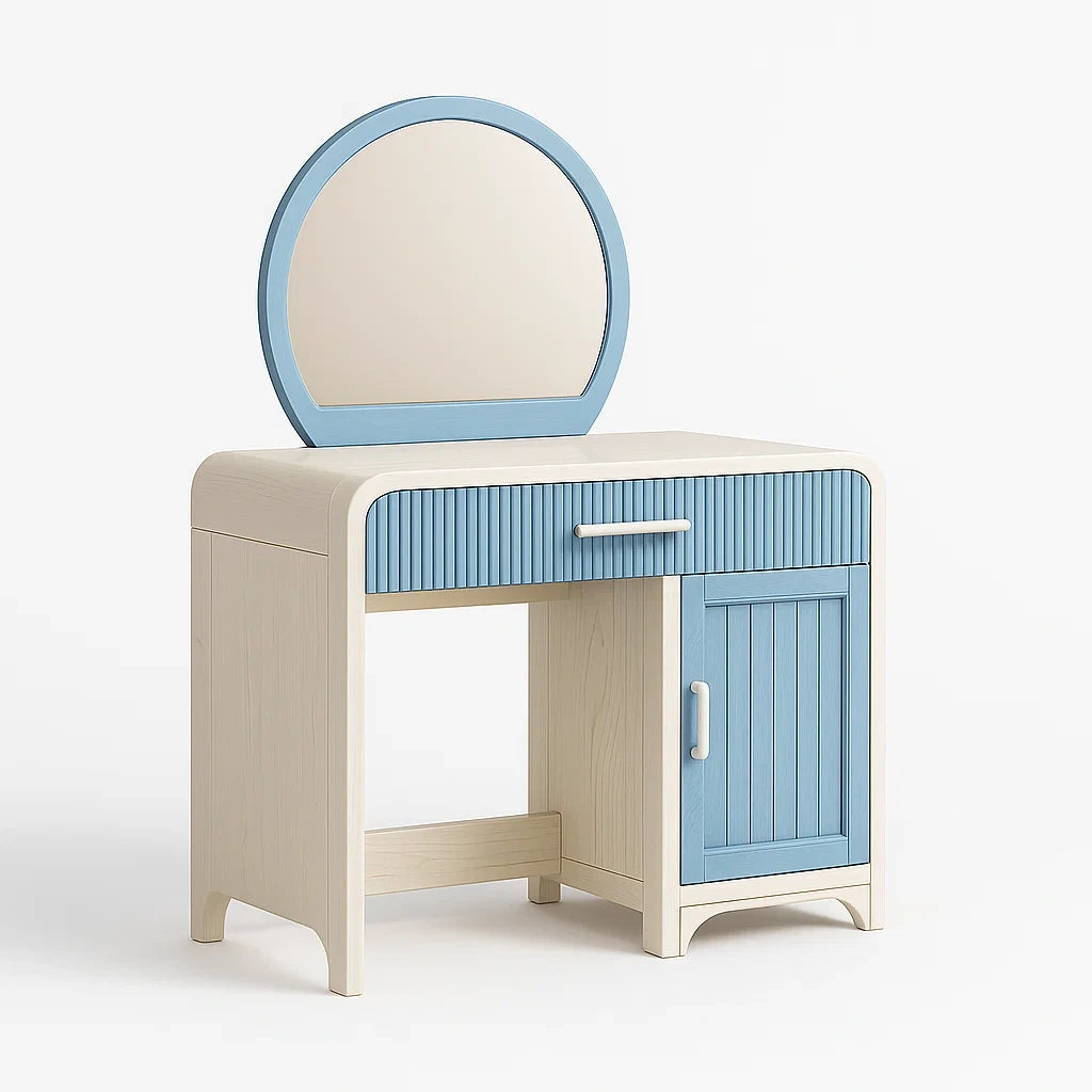 Tavolo da Trucco in Legno e MDF con Specchio Rotondo Blu e Beige