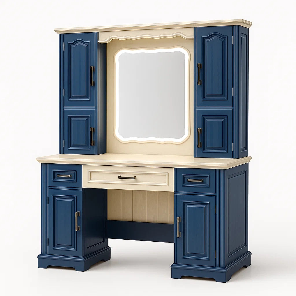 Toeletta con Specchio e Armadietti in Legno Blu e Beige