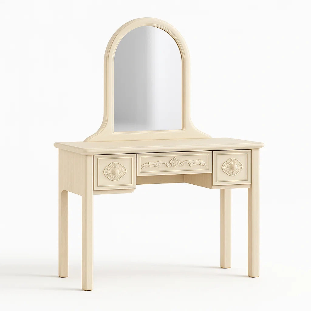 Tavolo da Toeletta in Legno con Specchio e Cassetti in Beige