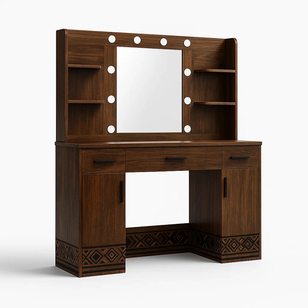Tavolo da Trucco in Legno Marrone Scuro con Specchio e Luci LED