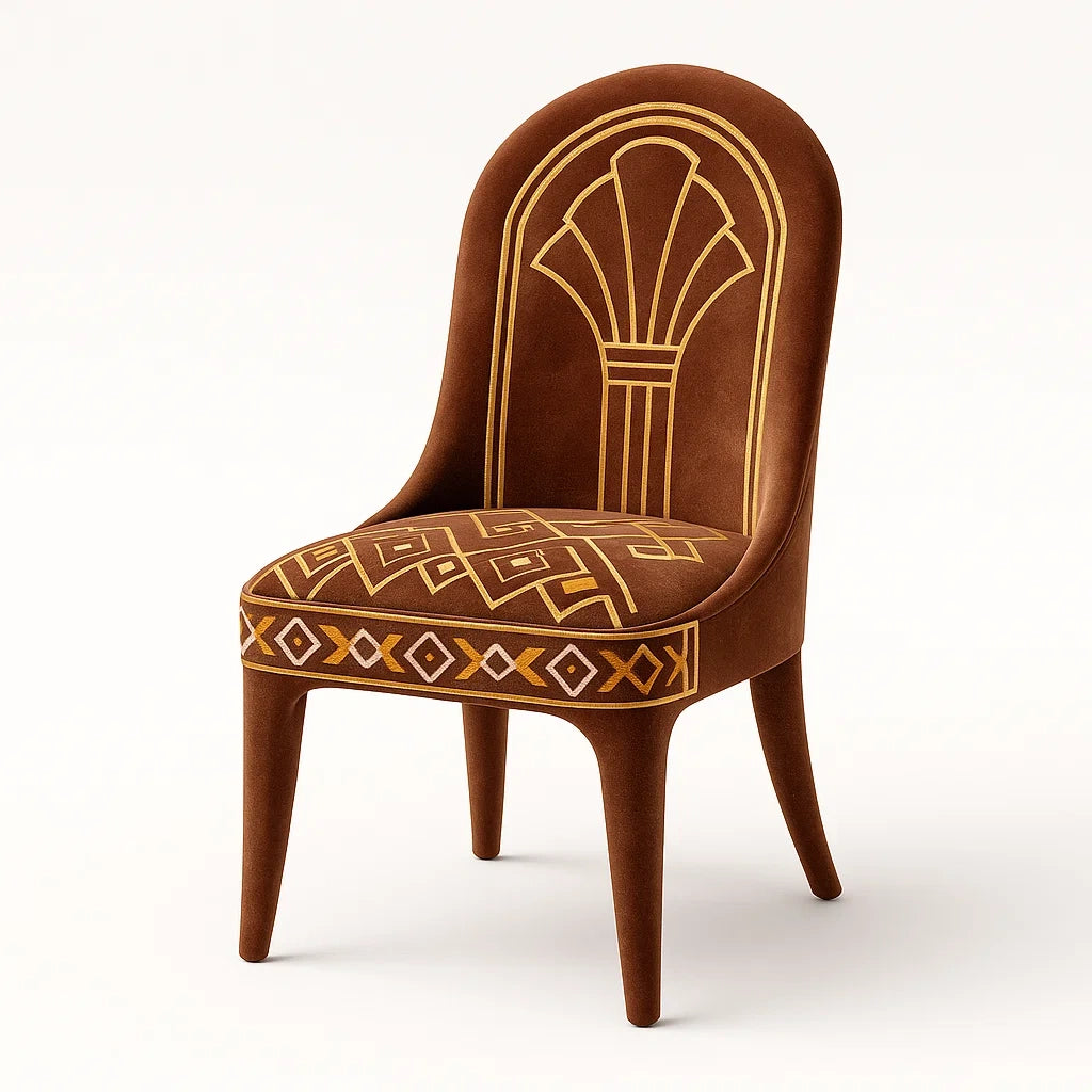 Sedia in Velluto Marrone con Motivo Geometrico