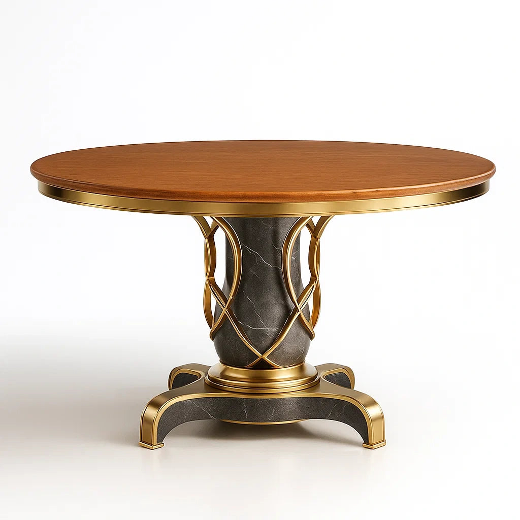 Tavolo rotondo in legno massiccio e marmo con base in metallo dorato, diametro 120 cm