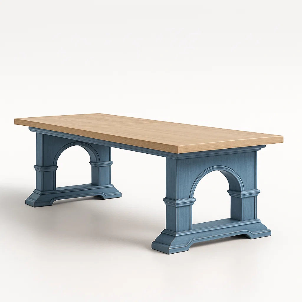 Tavolo rettangolare in legno e MDF con base blu