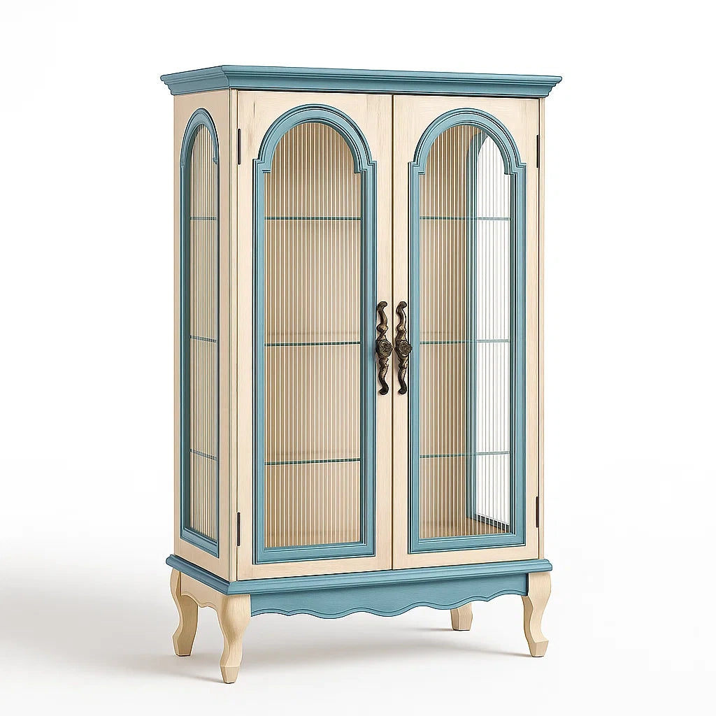 Vetrina in Legno con Ante in Vetro Temperato Crema e Azzurro