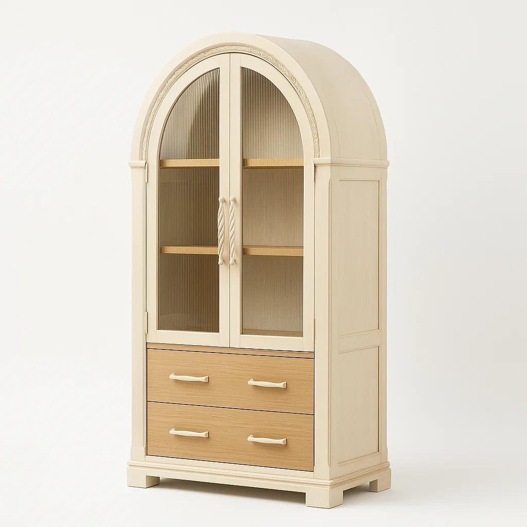 Armadio in Legno con Ante in Vetro temperato e Cassetti Beige
